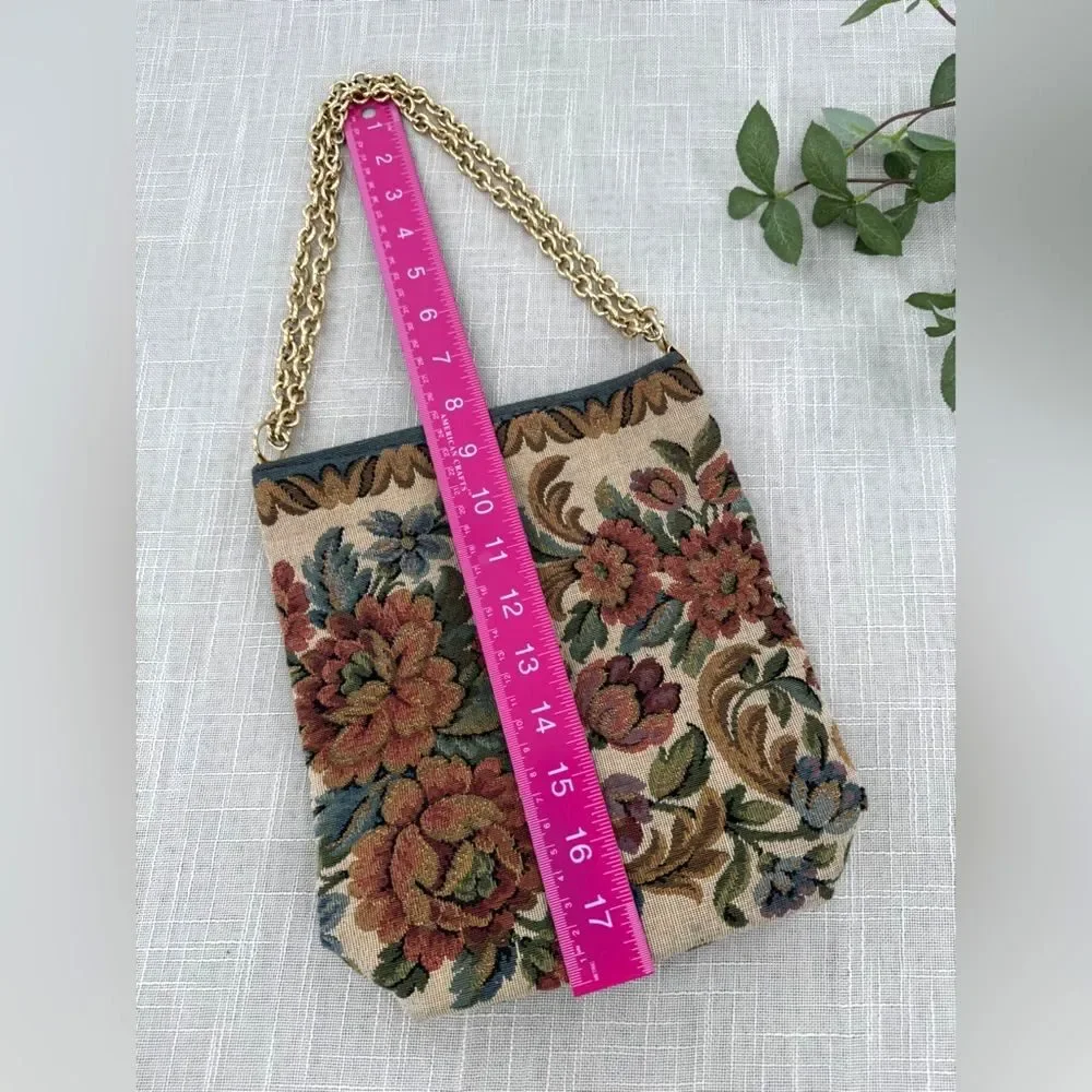 Vintage Italian Tapestry Shoulder Bag Gold Chain Strap Floral Carpet Style Purse